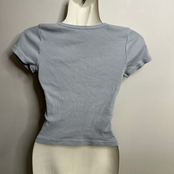 Brandy Melville | Light Dusty Blue Ribbed Button Short Sleeve Crop Shirt OS - Picture 6 of 13